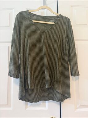 Chico's Olive & Black Striped V-Neck Long Sleeve Top